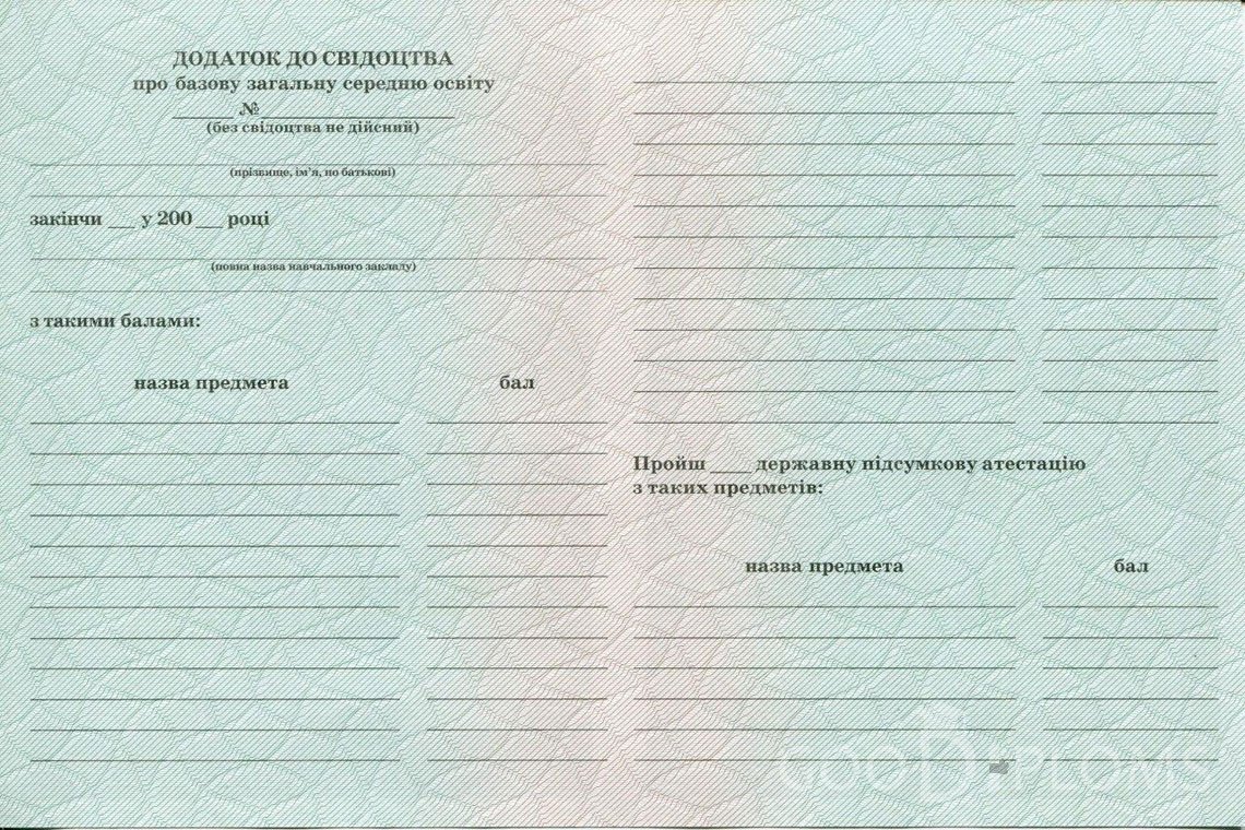Украинский аттестат за 9 класс - Обратная Сторона приложения- Полтаву